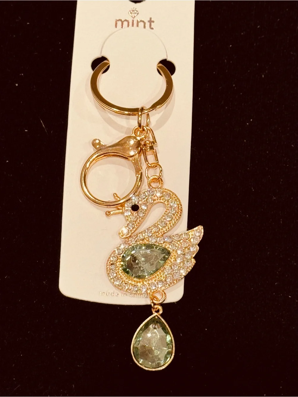 Mint Swan Crystal Keychain Bag Charm Crystal Purse Charm Gold Tone NWT Green